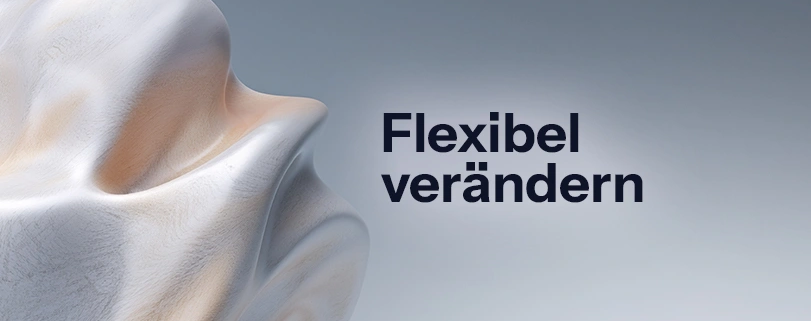 Abstrakte 3D-Skulptur auf hellem Hintergrund mit dem schwarzen Schriftzug „Flexibel verändern". Agiles Change Management