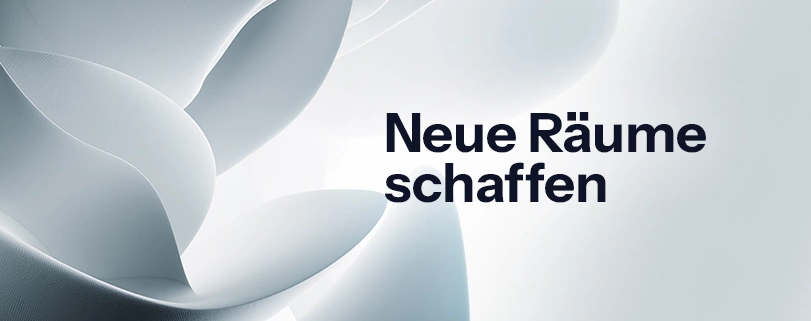 Abstrakte 3D-Skulptur auf hellem Hintergrund mit dem schwarzen Schriftzug „Neue Räume schaffen". Blue Ocean Strategie