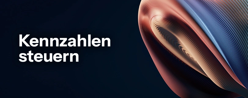 Abstrakte 3D-Skulptur auf dunkelblauem Hintergrund mit dem weißen Schriftzug „Kennzahlen steuern". Einkaufscontrolling