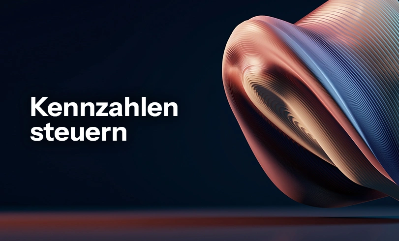 Abstrakte 3D-Skulptur auf dunkelblauem Hintergrund mit dem weißen Schriftzug „Kennzahlen steuern". Einkaufscontrolling