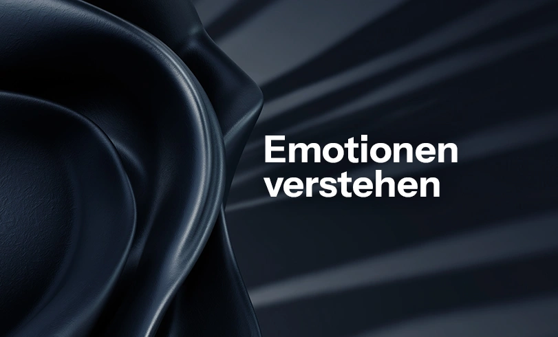 blog-emotionale-intelligenz Abstrakte 3D-Skulptur auf dunkelblauem Hintergrund mit dem weißen Schriftzug „Emotionen verstehen". Emotionale Intelligenz