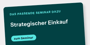 Blog Banner Strategischer Einkauf Dunkeltürkises Banner mit weißem Text „Strategischer Einkauf“ und hellblauem Button „zum Seminar“ auf grauem Grund.